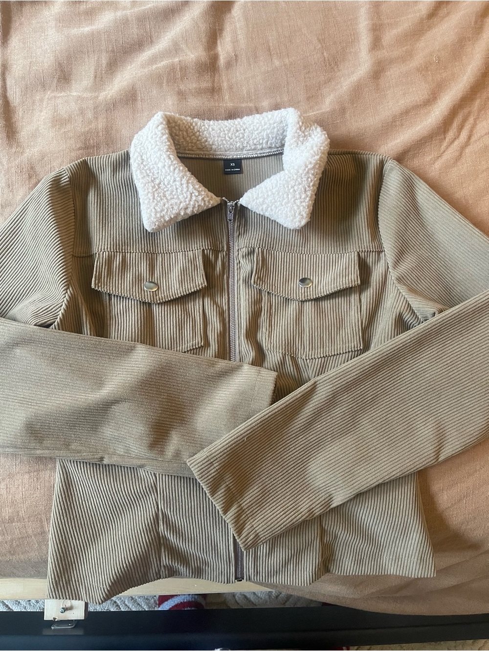 Lightweight Tan Corduroy Jacket with White Sherpa Collar